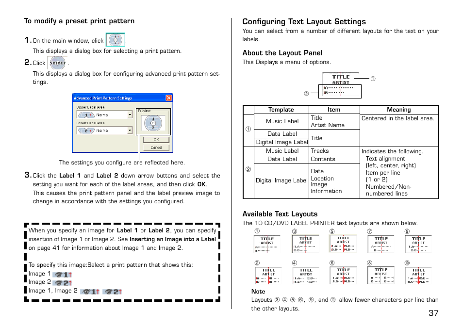 Configuring text layout settings, 37 configuring text layout settings | Casio LPCW-100 User Manual | Page 38 / 69