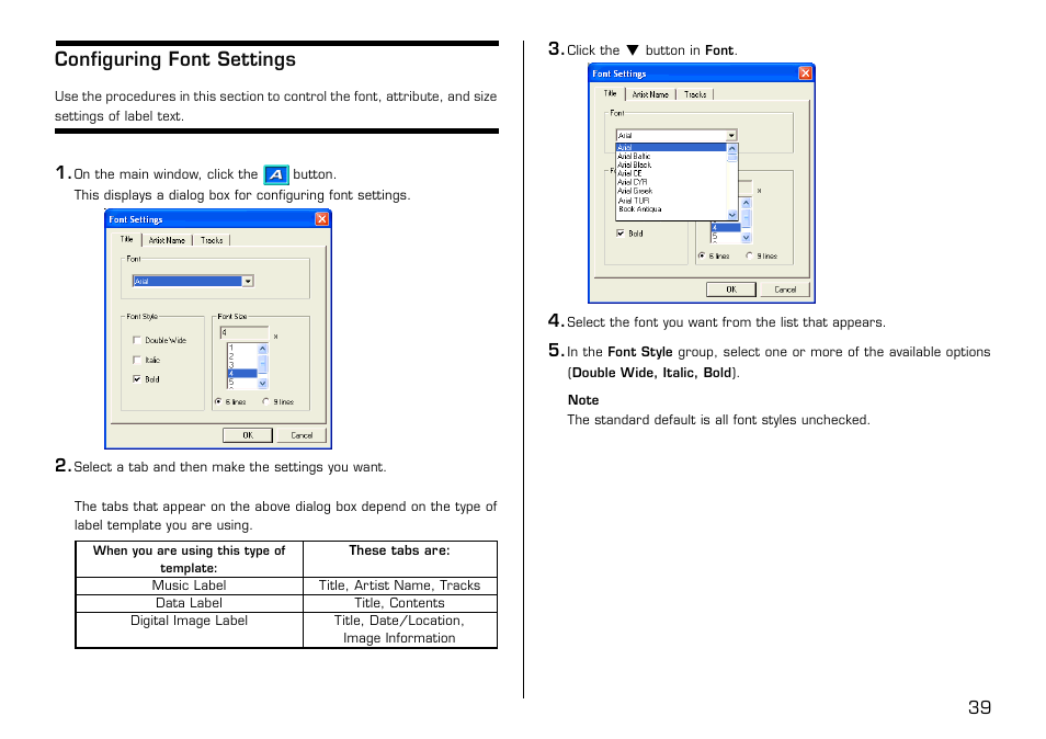 Configuring font settings | Casio LPCW-100 User Manual | Page 40 / 69