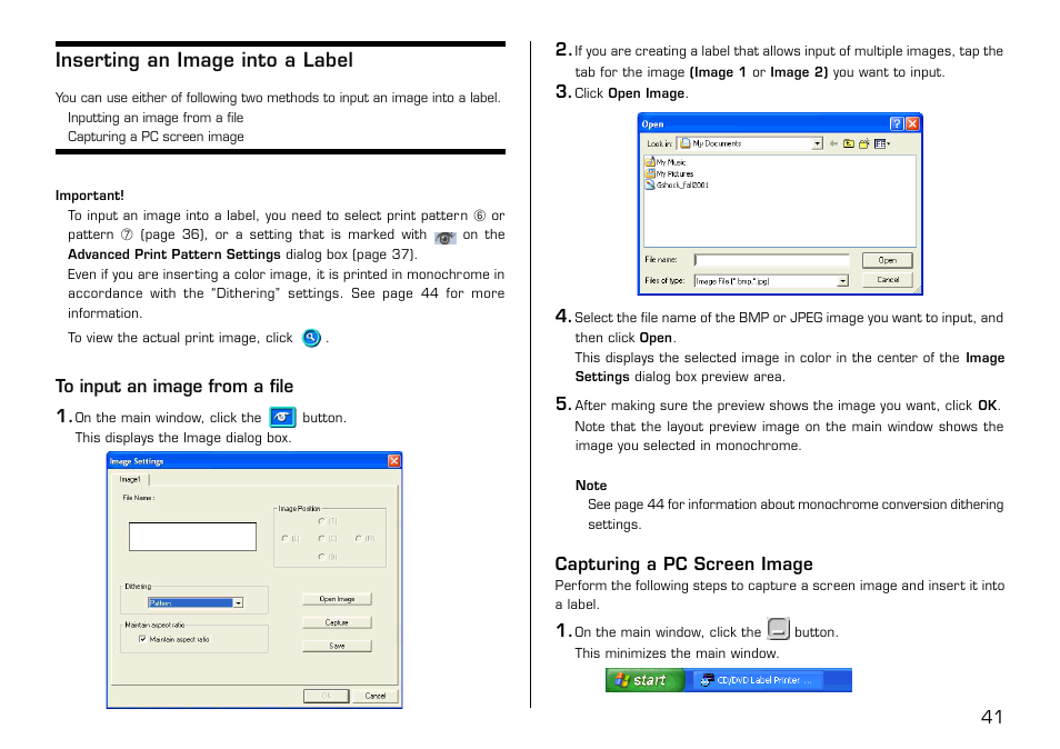 Inserting an image into a label, To input an image from a file, Capturing a pc screen image | Casio LPCW-100 User Manual | Page 42 / 69