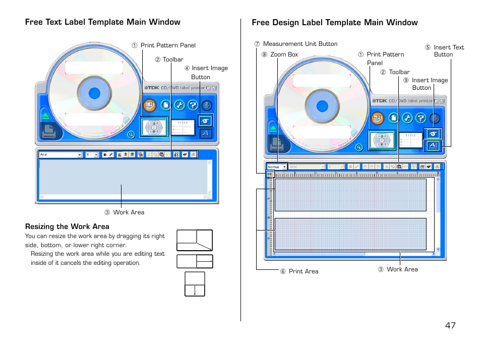 Free text label template main window, Free design label template main window, 47 free text label template main window | Casio LPCW-100 User Manual | Page 48 / 69