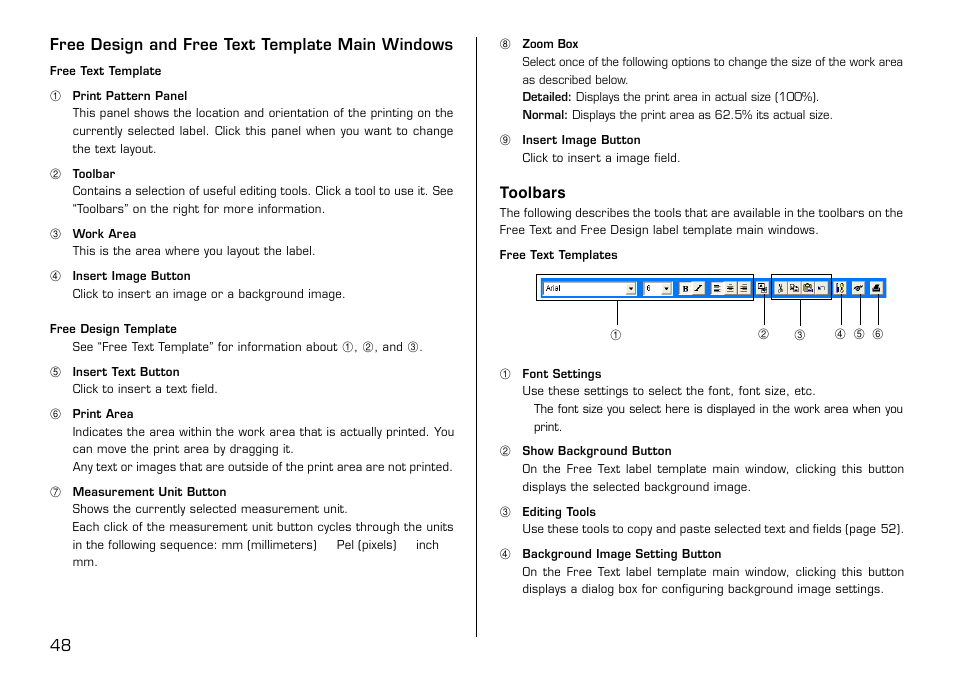 Free design and free text template main windows, Toolbars, 48 free design and free text template main windows | Casio LPCW-100 User Manual | Page 49 / 69
