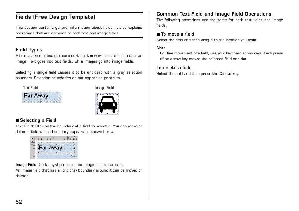 Fields (free design template), Field types, Common text field and image field operations | Casio LPCW-100 User Manual | Page 53 / 69