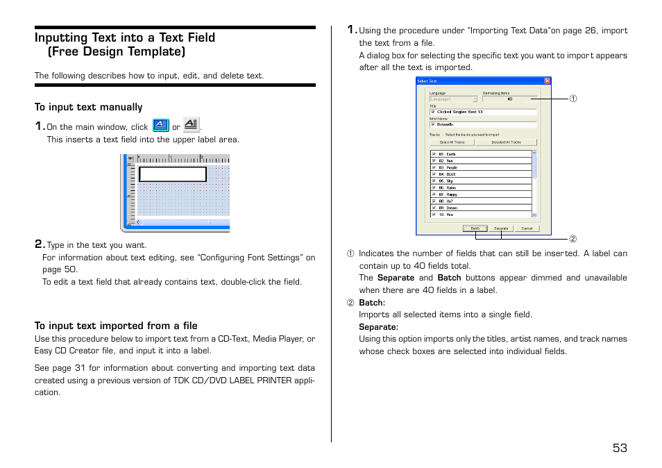 To input text manually, To input text imported from a file | Casio LPCW-100 User Manual | Page 54 / 69