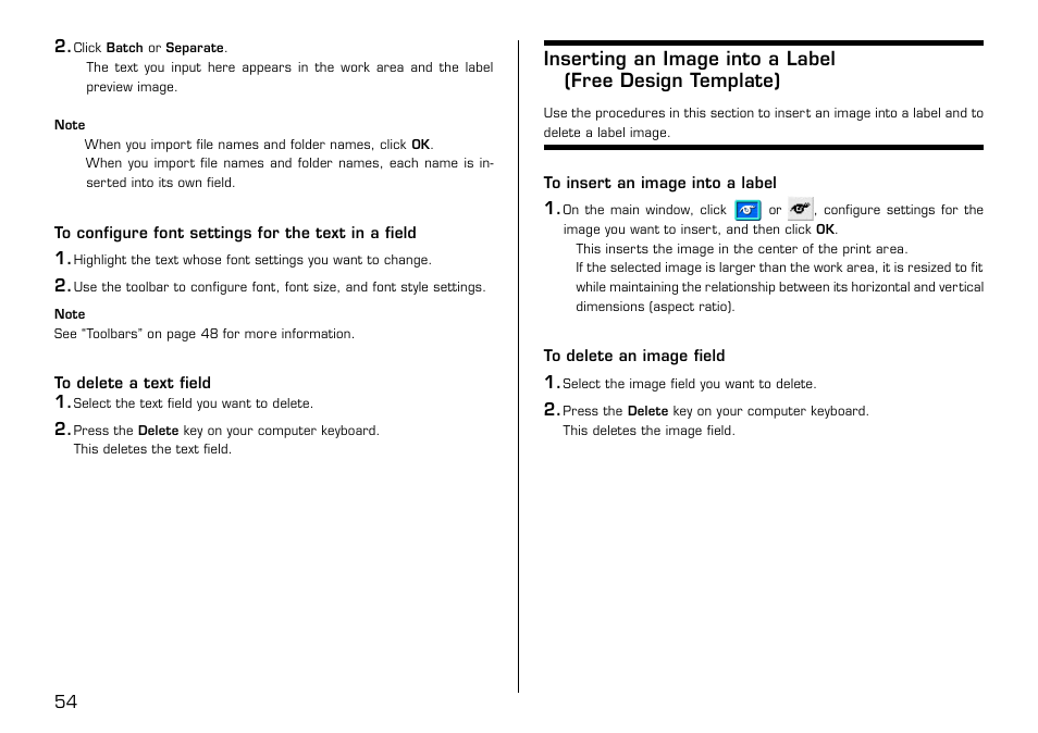 To configure font settings for the text in a field, To delete a text field, To insert an image into a label | To delete an image field | Casio LPCW-100 User Manual | Page 55 / 69