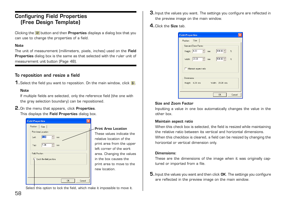 To reposition and resize a field | Casio LPCW-100 User Manual | Page 59 / 69