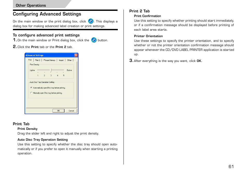 Other operations, Configuring advanced settings, To configure advanced print settings | Casio LPCW-100 User Manual | Page 62 / 69