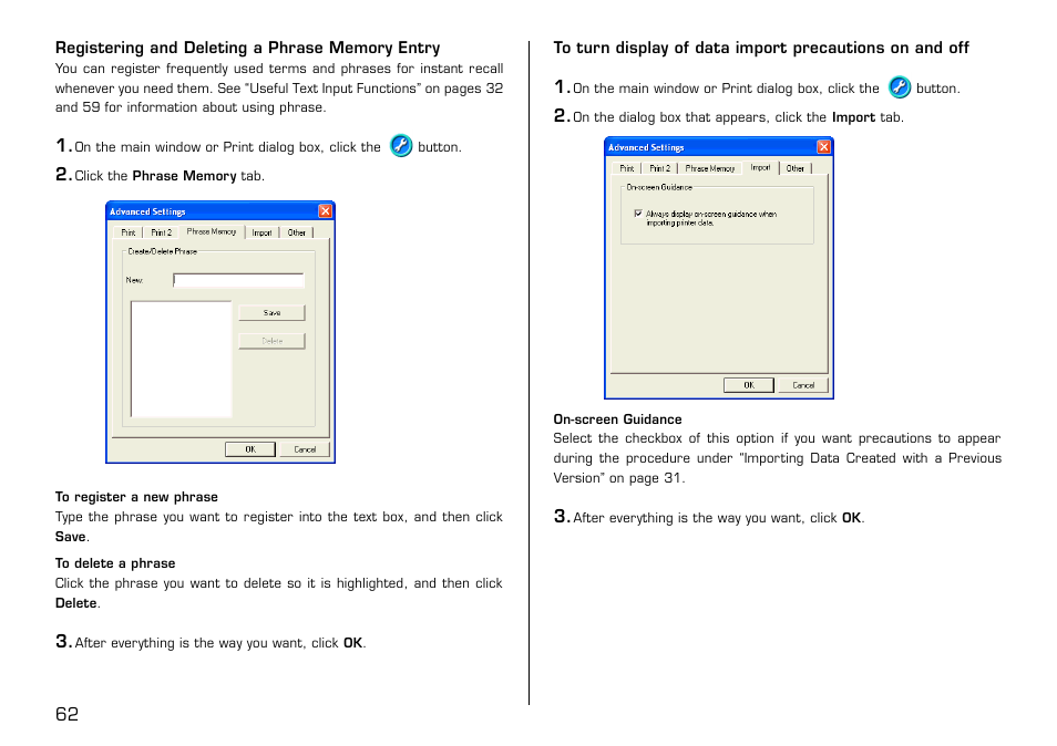 Registering and deleting a phrase memory entry | Casio LPCW-100 User Manual | Page 63 / 69