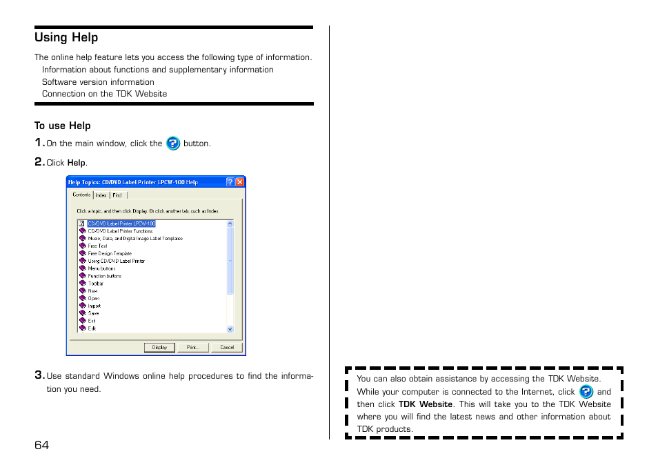 Using help, To use help | Casio LPCW-100 User Manual | Page 65 / 69