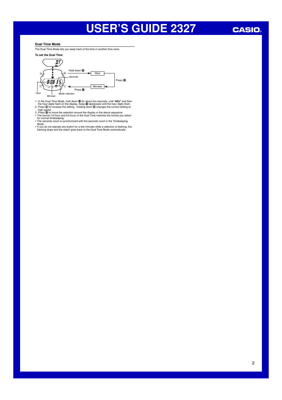 Dual time mode, User’s guide 2327 | Casio 2327 User Manual | Page 2 / 2