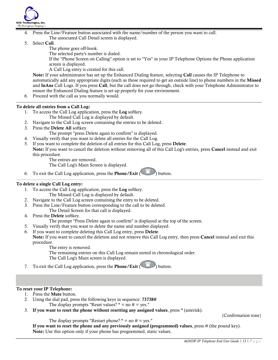 To delete all entries from a call log, To delete a single call log entry, Reset phone | To reset your ip telephone | Avaya 4620SW User Manual | Page 13 / 22