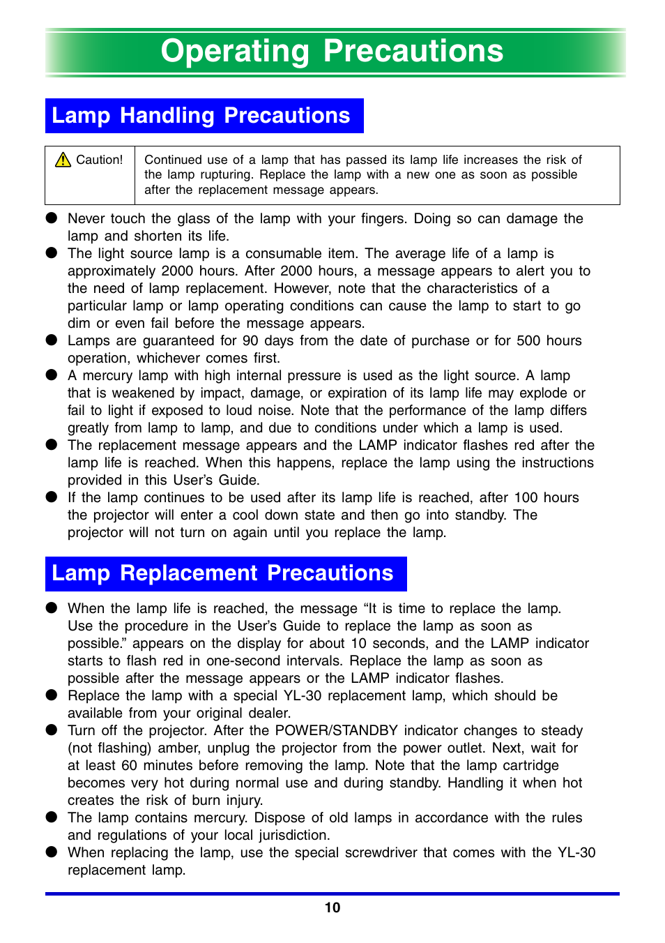 Operating precautions, Lamp handling precautions, Lamp replacement precautions | Casio XJ-350 User Manual | Page 10 / 120