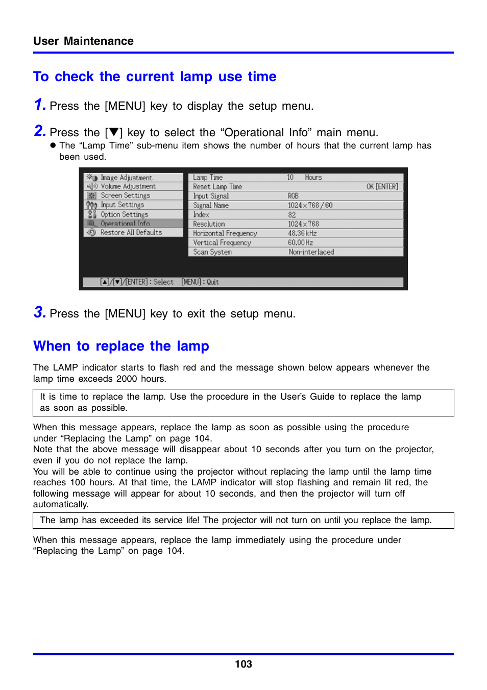 When to replace the lamp | Casio XJ-350 User Manual | Page 103 / 120