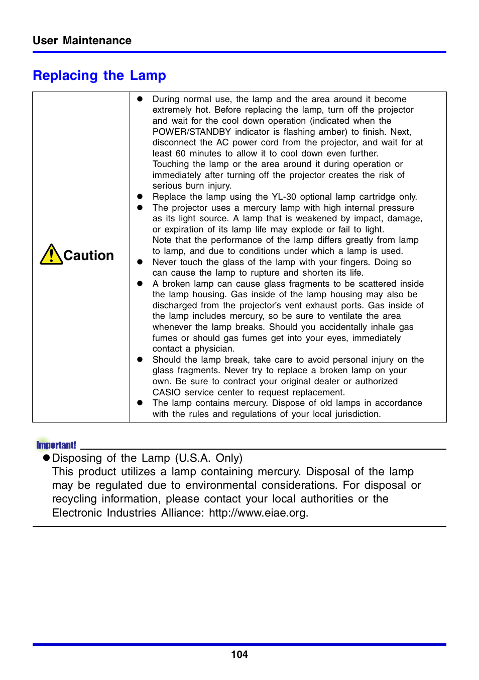 Replacing the lamp, Caution | Casio XJ-350 User Manual | Page 104 / 120