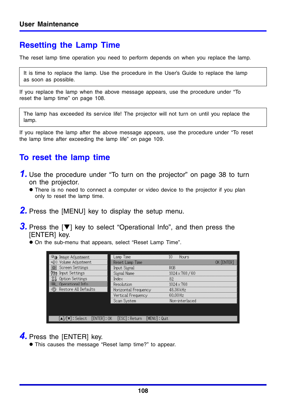 Resetting the lamp time | Casio XJ-350 User Manual | Page 108 / 120