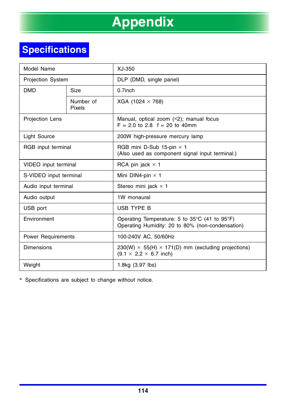 Appendix, Specifications | Casio XJ-350 User Manual | Page 114 / 120