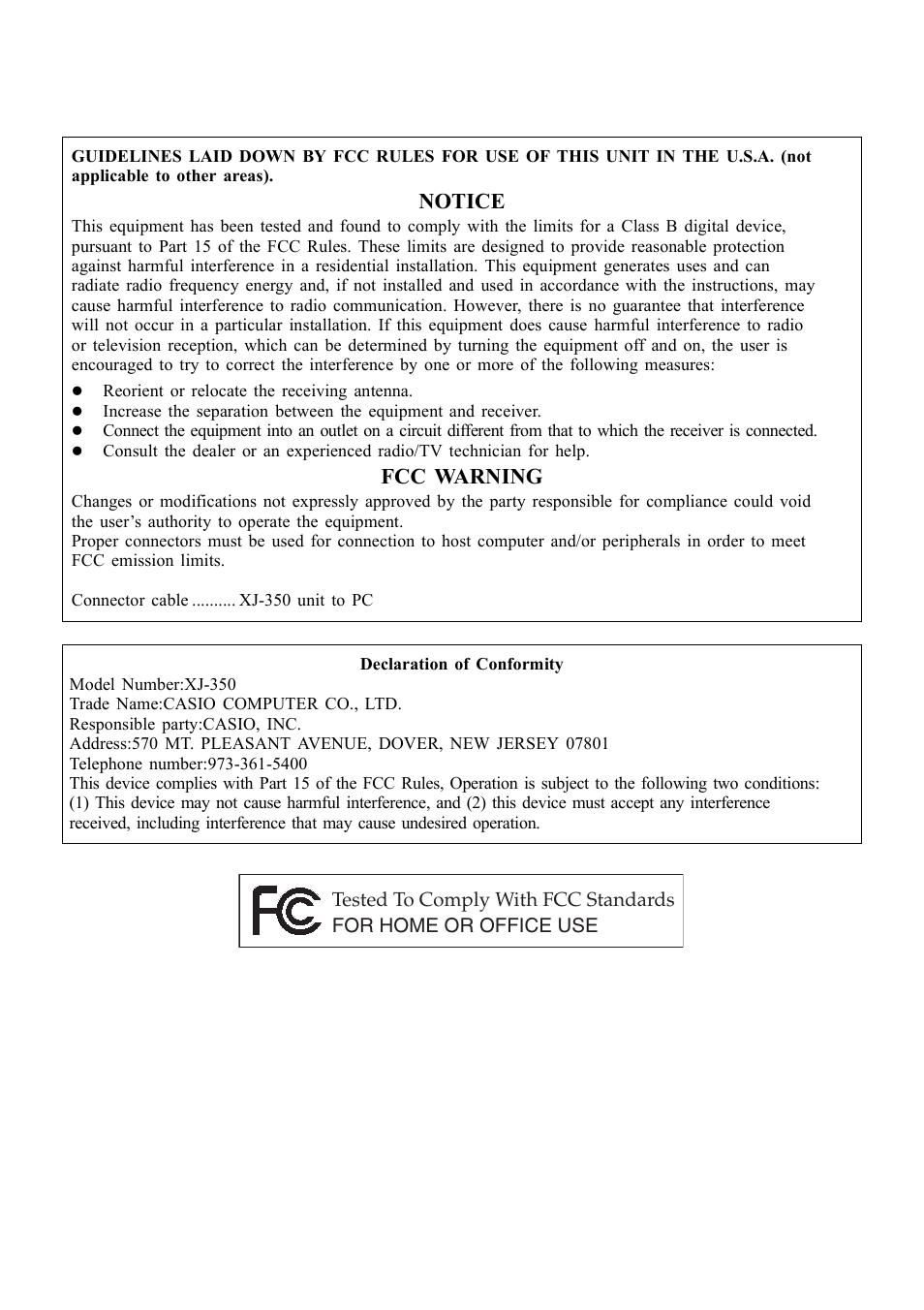 Notice, Fcc warning | Casio XJ-350 User Manual | Page 118 / 120