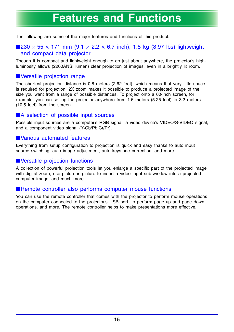 Features and functions | Casio XJ-350 User Manual | Page 15 / 120