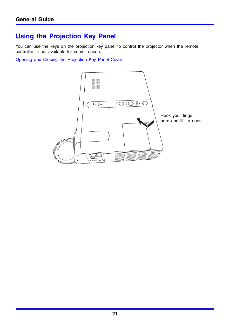 Using the projection key panel | Casio XJ-350 User Manual | Page 21 / 120