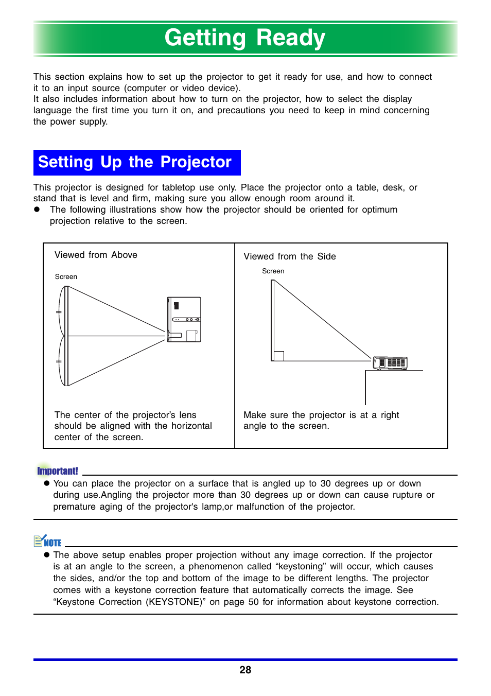 Getting ready, Setting up the projector | Casio XJ-350 User Manual | Page 28 / 120