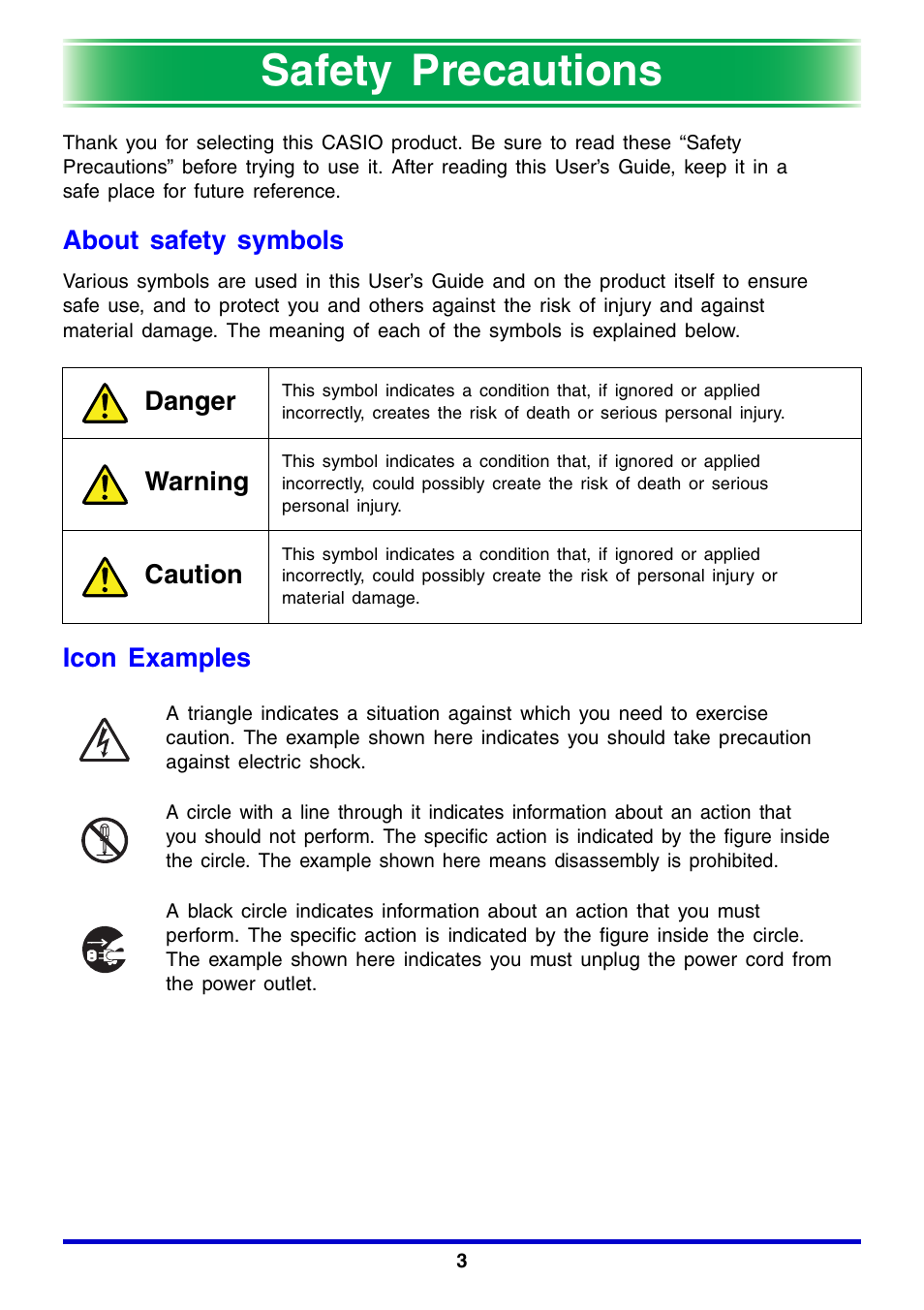 Safety precautions, About safety symbols, Icon examples | Icon examples danger, Warning, Caution | Casio XJ-350 User Manual | Page 3 / 120