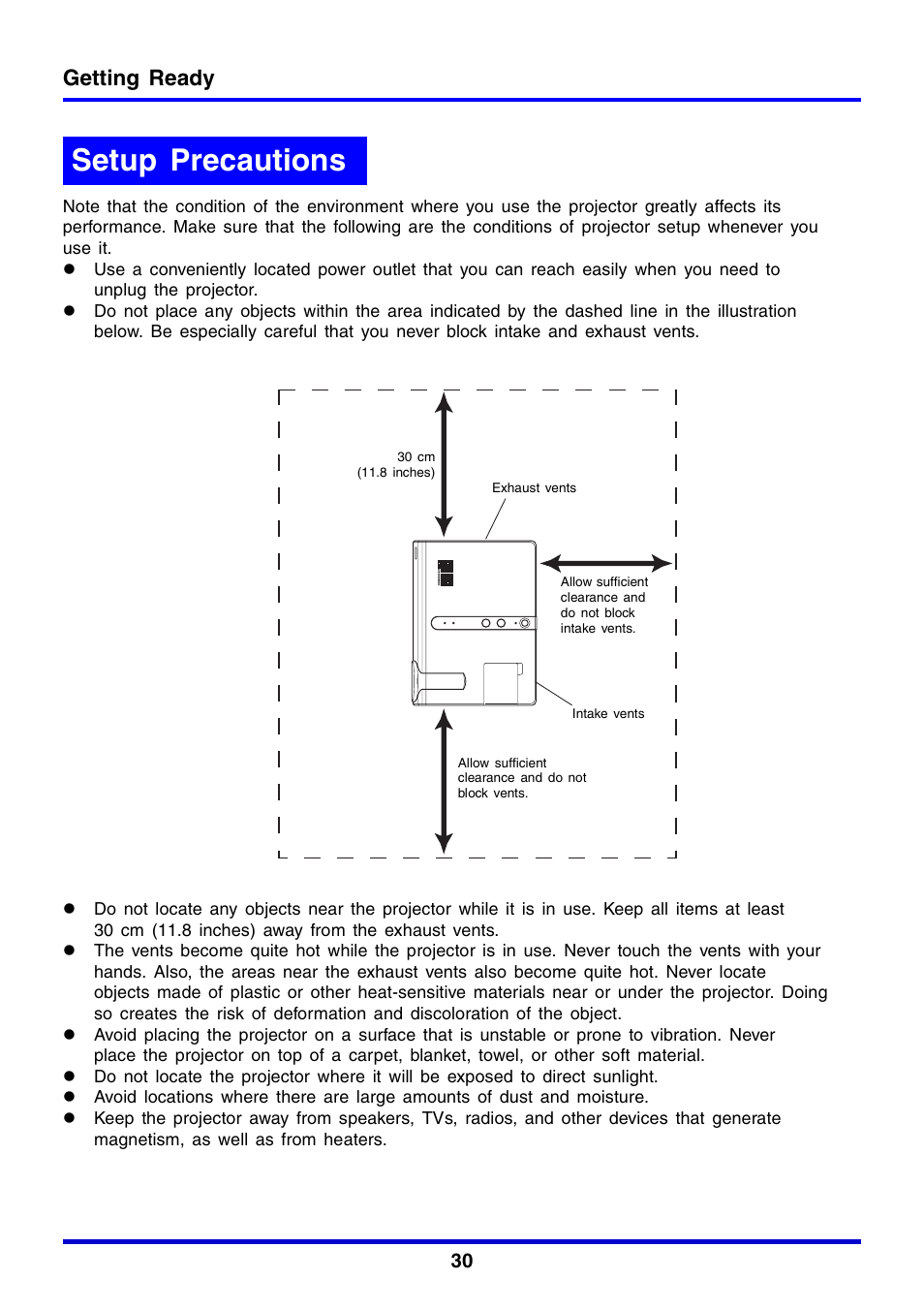 Setup precautions, Getting ready | Casio XJ-350 User Manual | Page 30 / 120