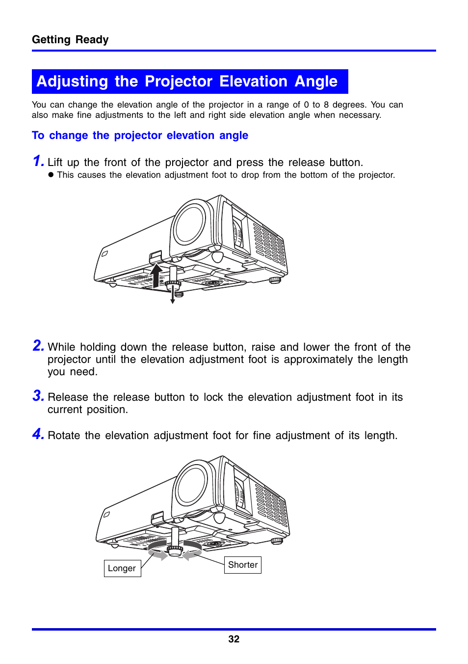 Adjusting the projector elevation angle | Casio XJ-350 User Manual | Page 32 / 120