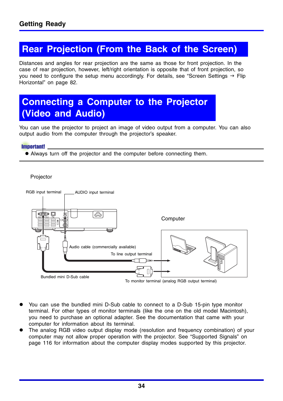 Rear projection (from the back of the screen), Getting ready | Casio XJ-350 User Manual | Page 34 / 120