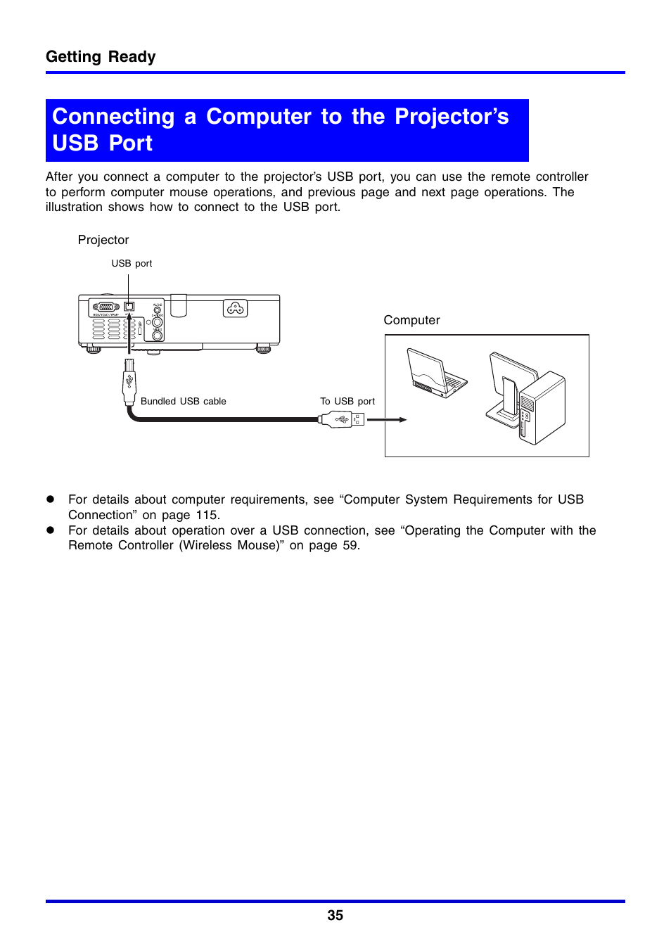 Connecting a computer to the projector’s usb port, Getting ready | Casio XJ-350 User Manual | Page 35 / 120