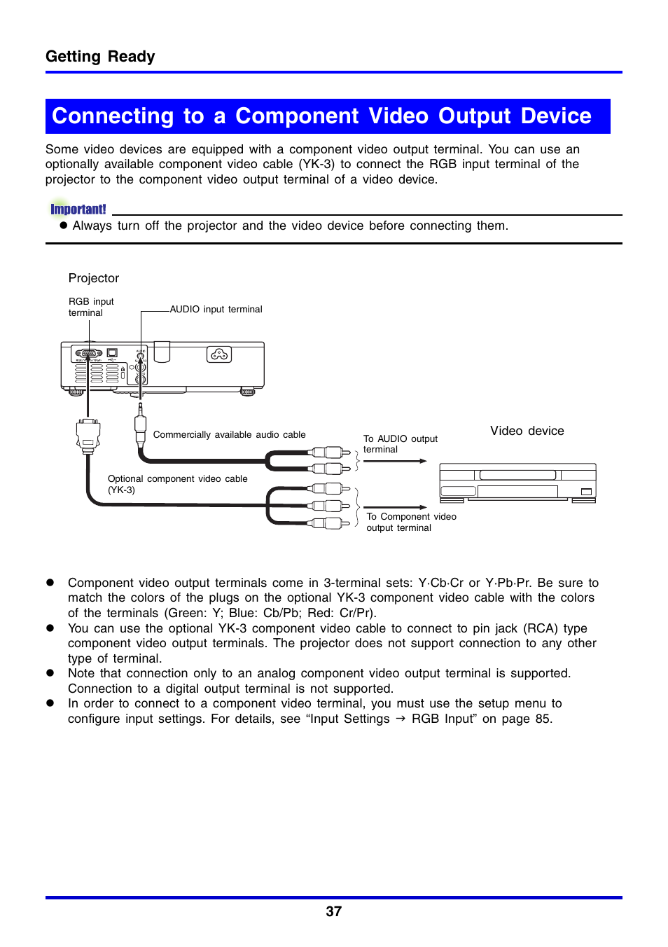 Connecting to a component video output device, Getting ready | Casio XJ-350 User Manual | Page 37 / 120