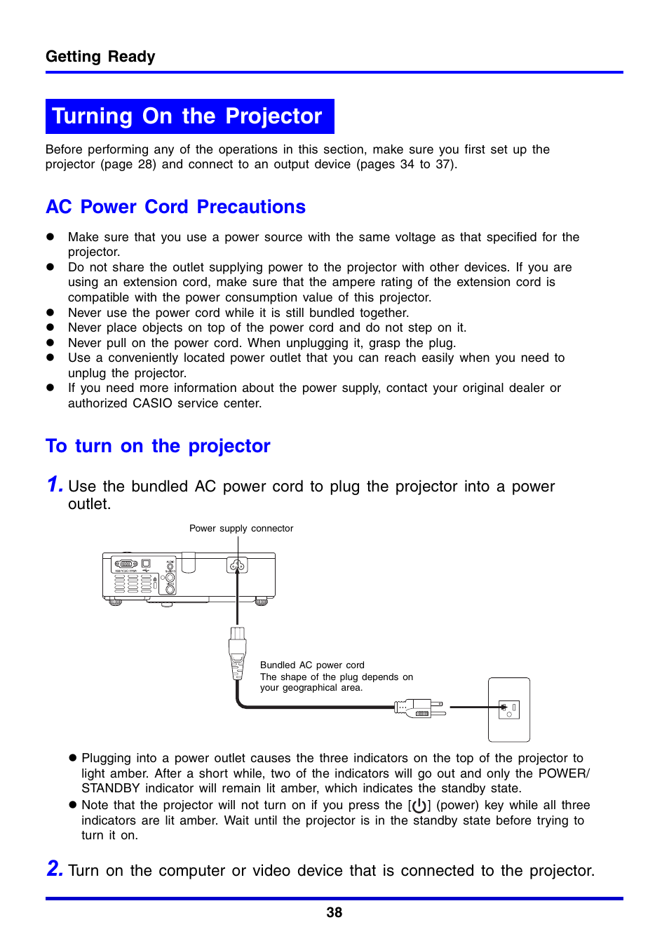 Turning on the projector, Ac power cord precautions | Casio XJ-350 User Manual | Page 38 / 120