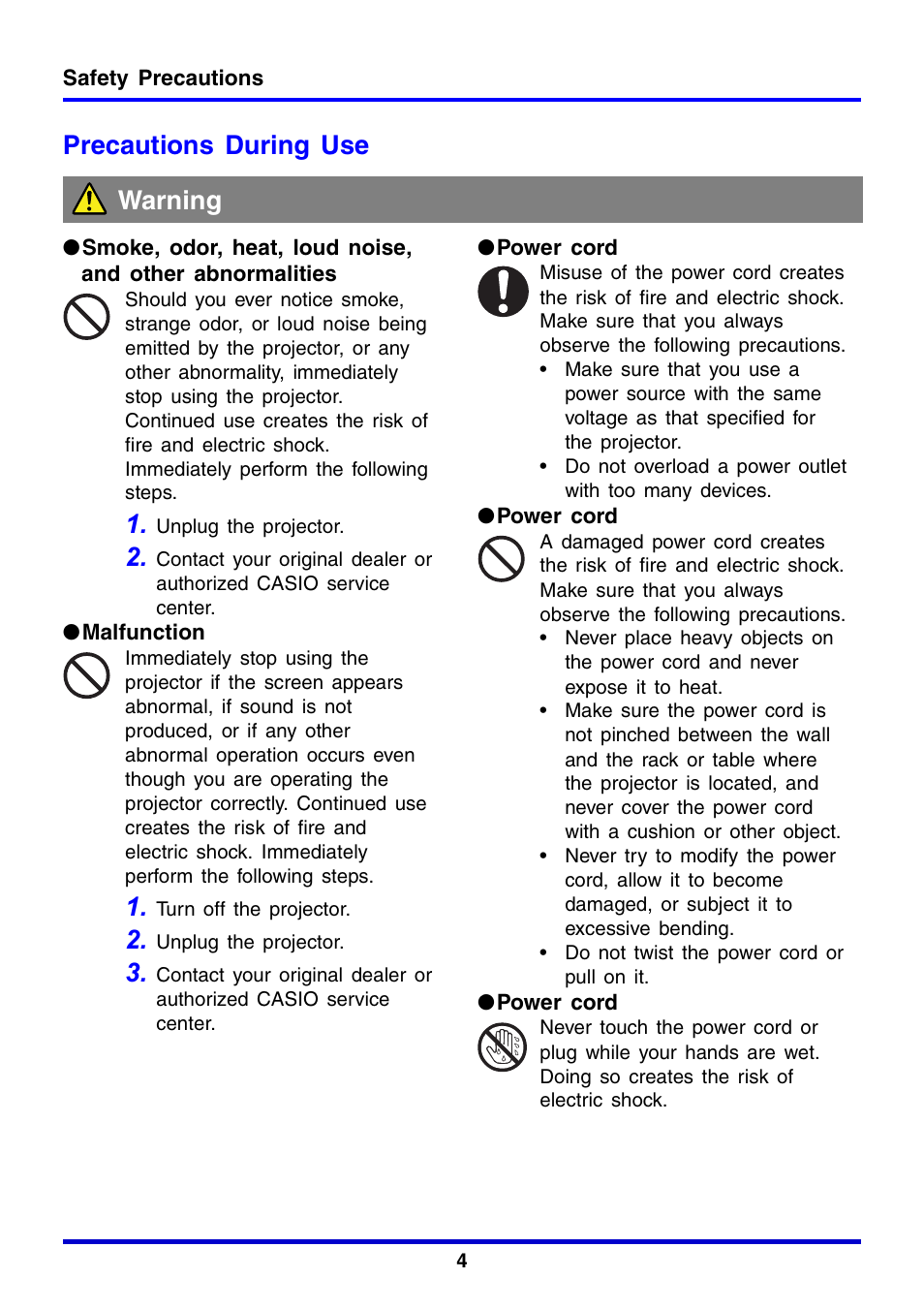 Precautions during use, Warning | Casio XJ-350 User Manual | Page 4 / 120