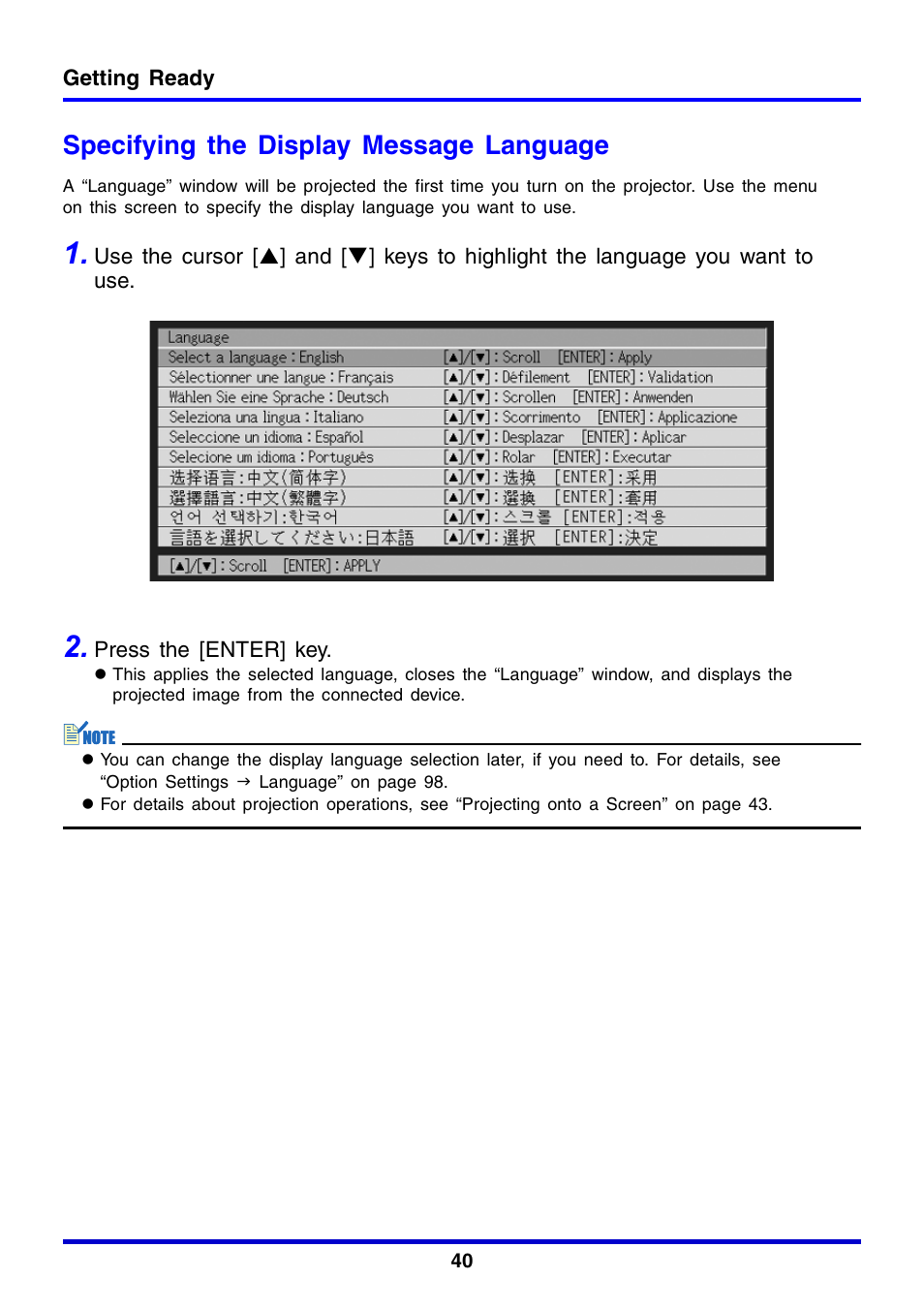 Specifying the display message language | Casio XJ-350 User Manual | Page 40 / 120