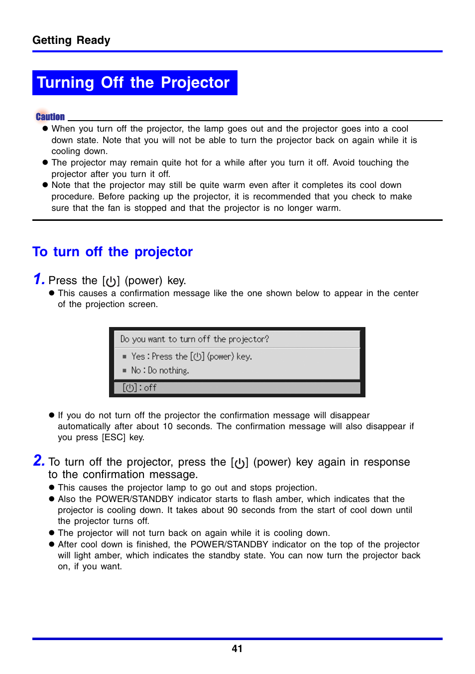 Turning off the projector | Casio XJ-350 User Manual | Page 41 / 120