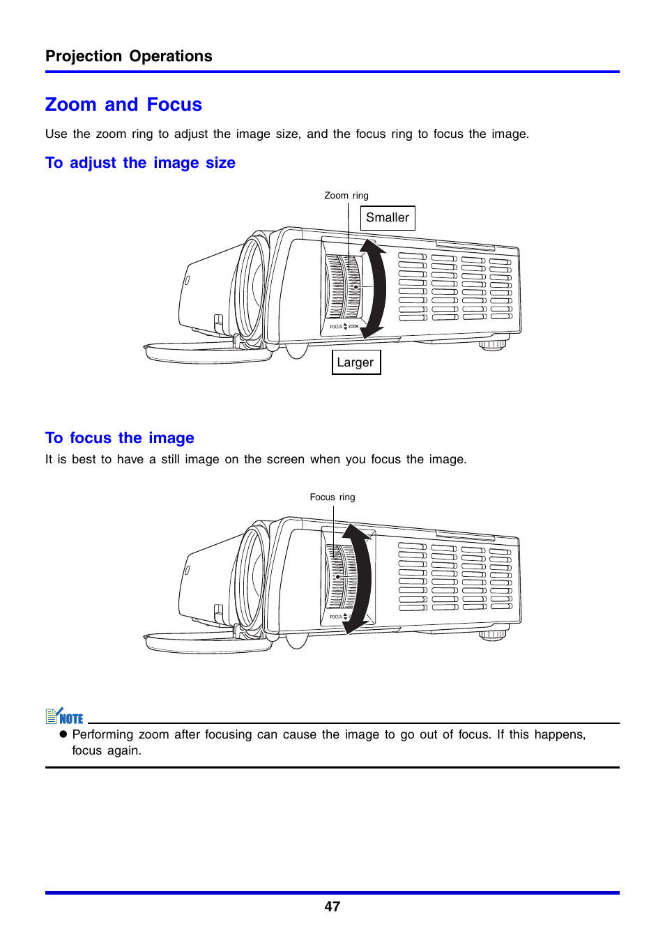 Zoom and focus, Projection operations | Casio XJ-350 User Manual | Page 47 / 120