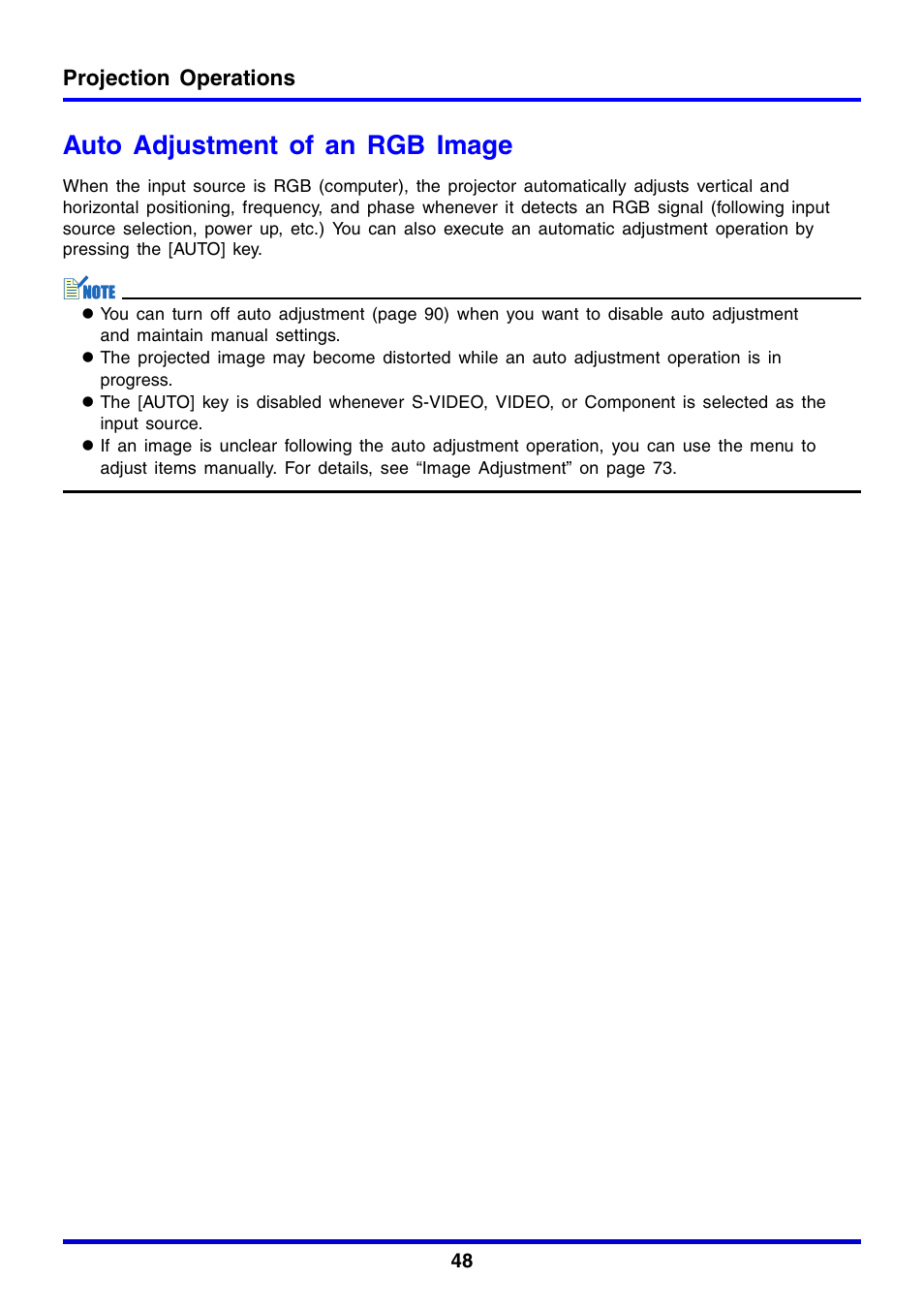 Auto adjustment of an rgb image, Projection operations | Casio XJ-350 User Manual | Page 48 / 120