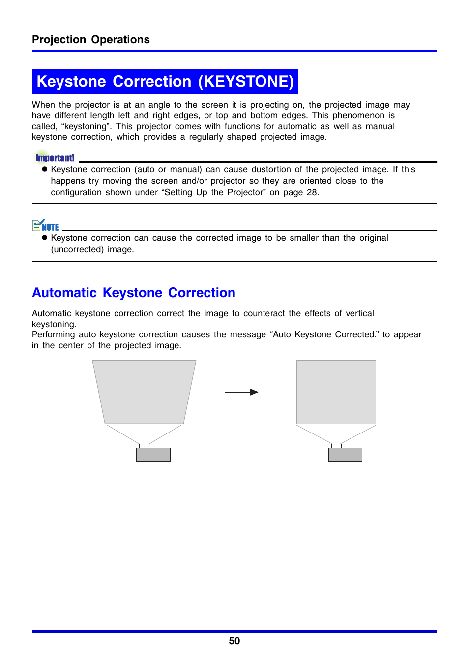 Keystone correction (keystone), Automatic keystone correction | Casio XJ-350 User Manual | Page 50 / 120