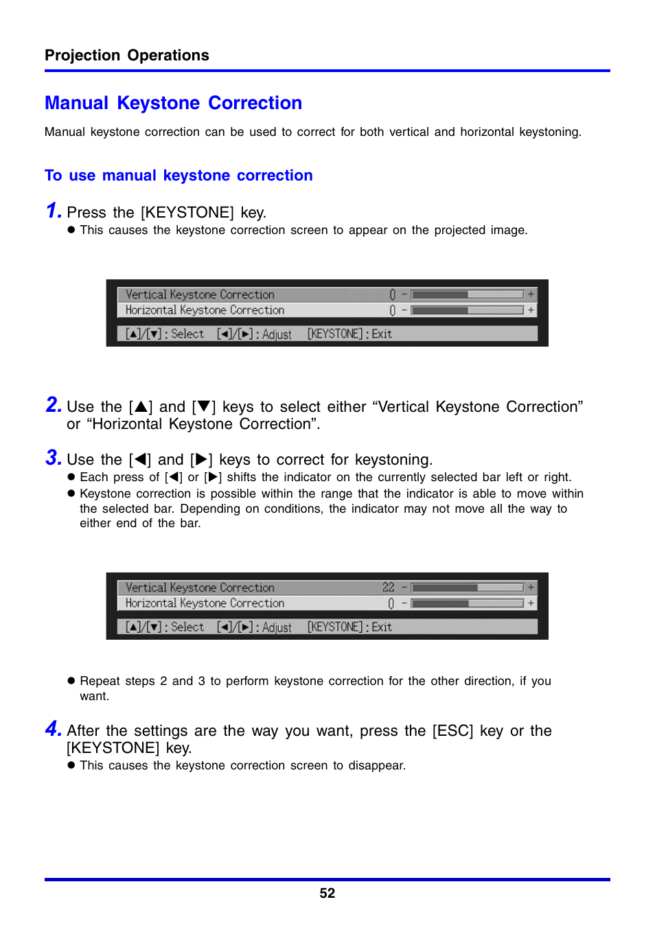 Manual keystone correction | Casio XJ-350 User Manual | Page 52 / 120