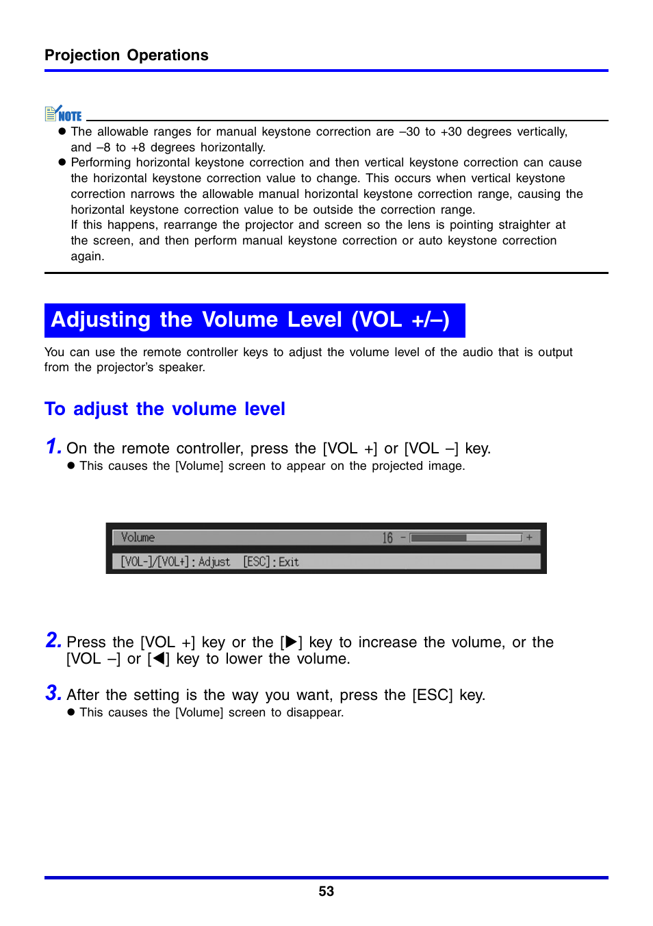 Adjusting the volume level (vol +/–) | Casio XJ-350 User Manual | Page 53 / 120