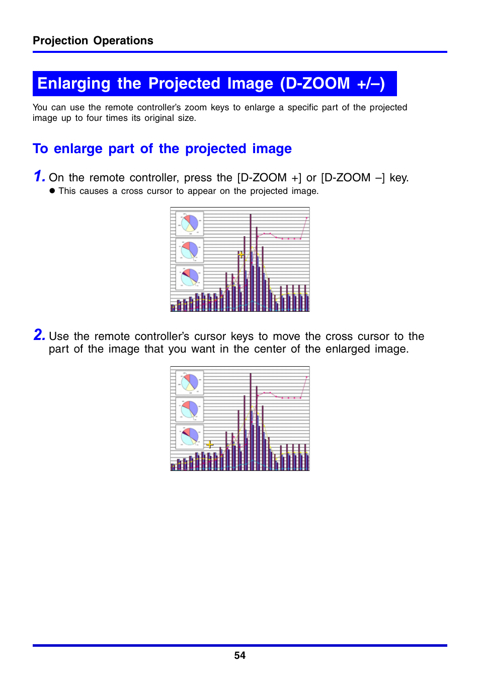 Enlarging the projected image (d-zoom +/–) | Casio XJ-350 User Manual | Page 54 / 120