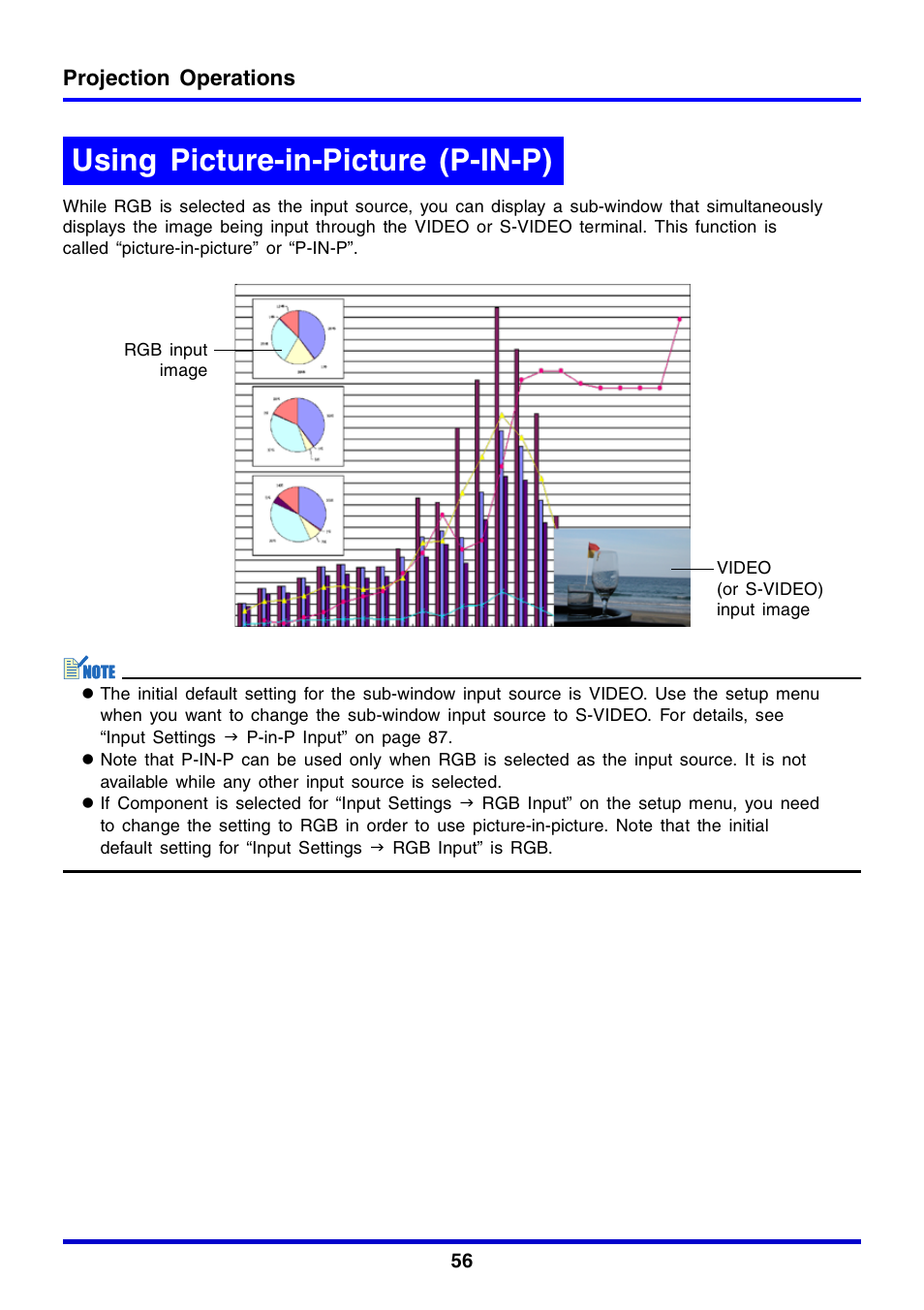 Using picture-in-picture (p-in-p), Projection operations | Casio XJ-350 User Manual | Page 56 / 120