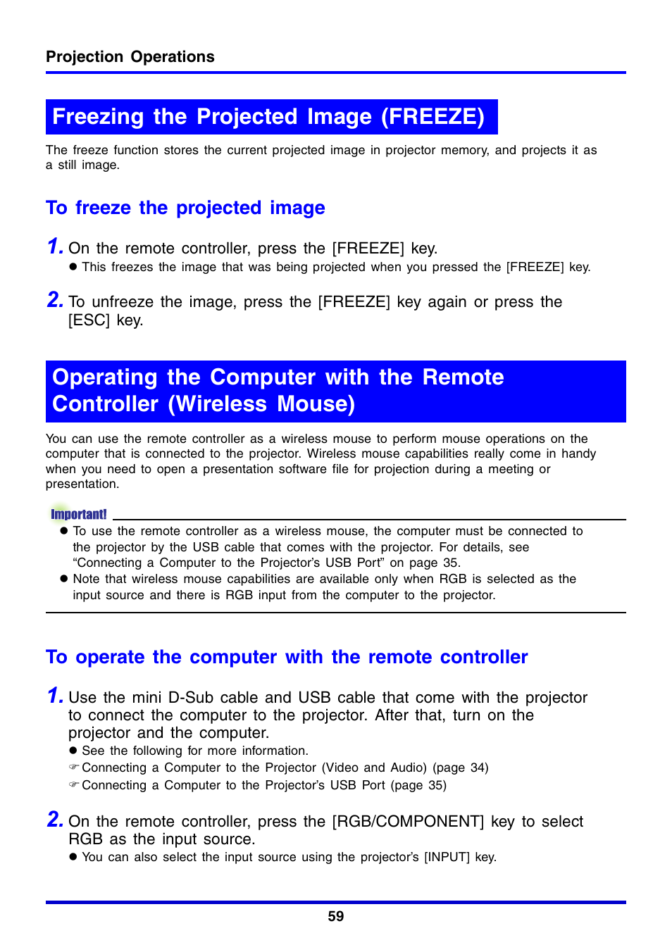 Freezing the projected image (freeze) | Casio XJ-350 User Manual | Page 59 / 120