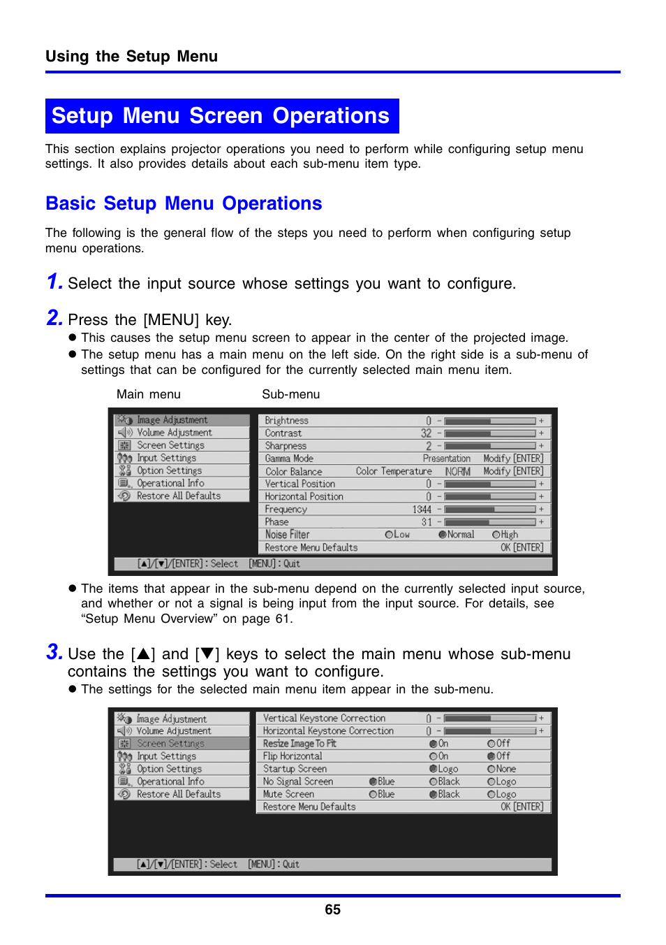 Setup menu screen operations, Basic setup menu operations | Casio XJ-350 User Manual | Page 65 / 120