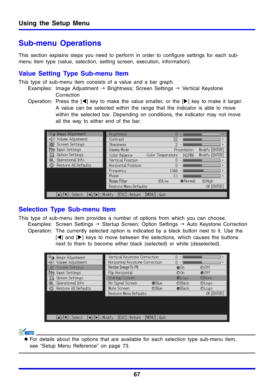 Sub-menu operations, Using the setup menu, Value setting type sub-menu item | Selection type sub-menu item | Casio XJ-350 User Manual | Page 67 / 120