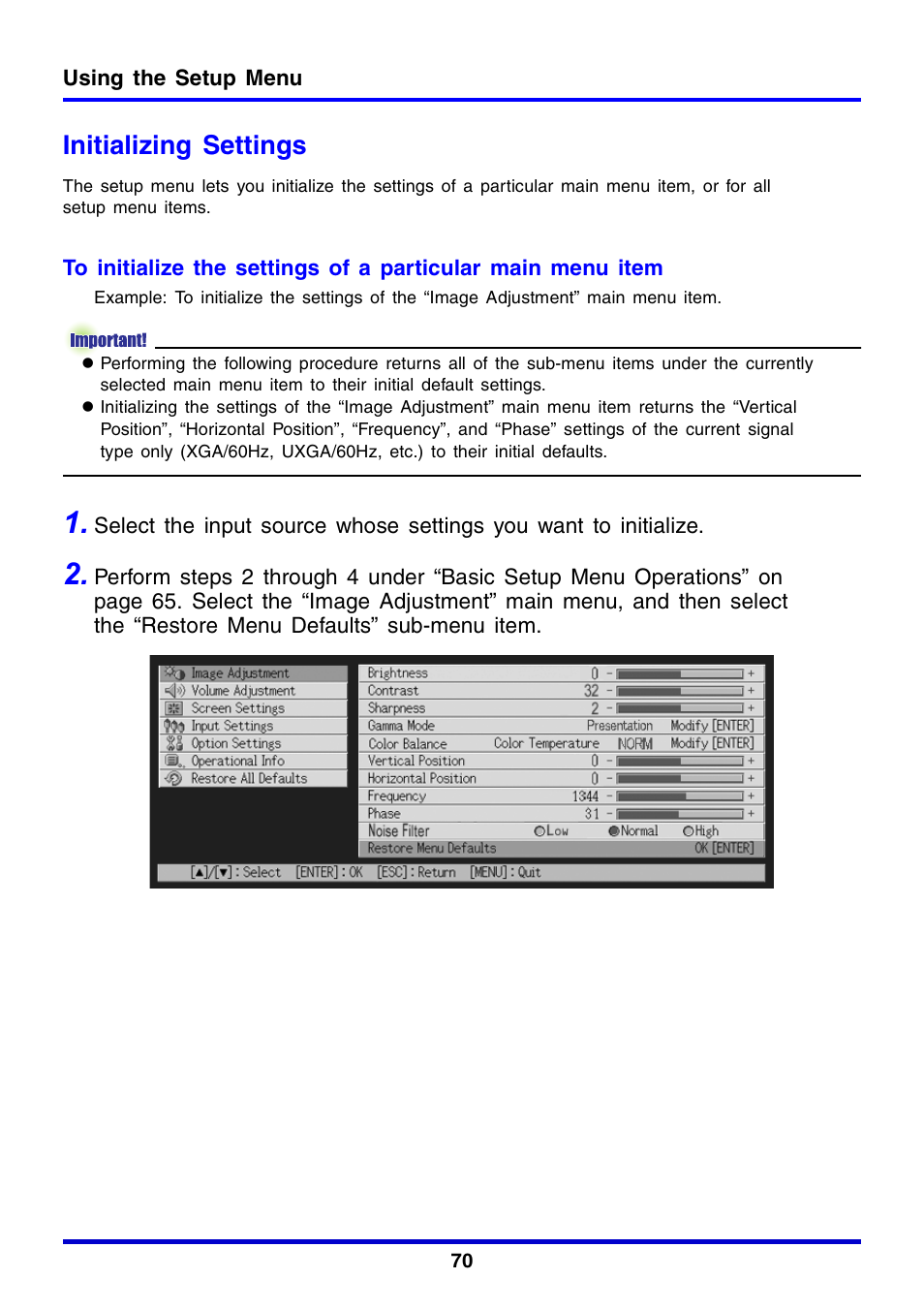 Initializing settings | Casio XJ-350 User Manual | Page 70 / 120