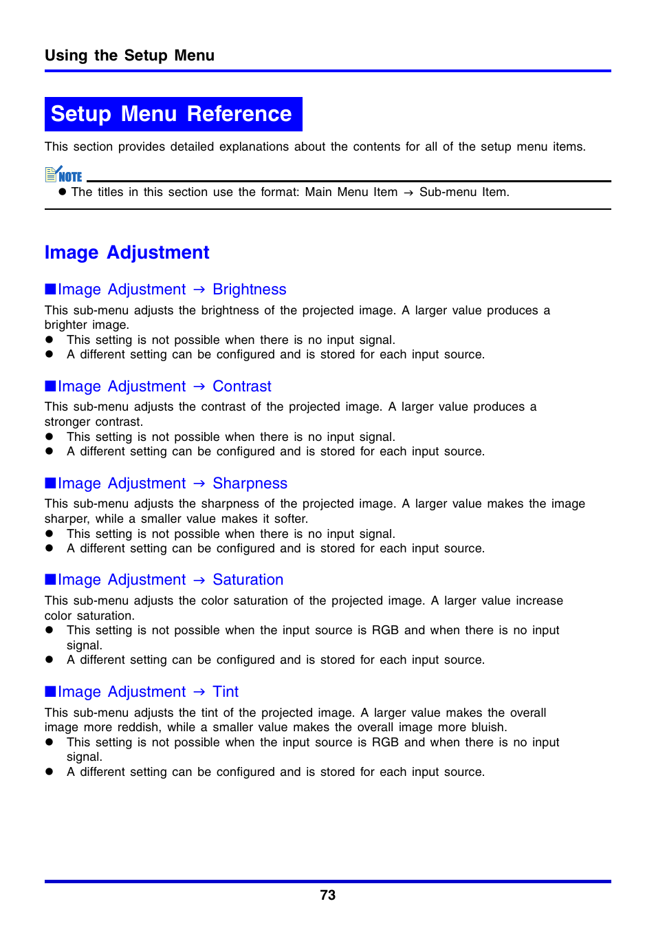 Setup menu reference, Image adjustment | Casio XJ-350 User Manual | Page 73 / 120