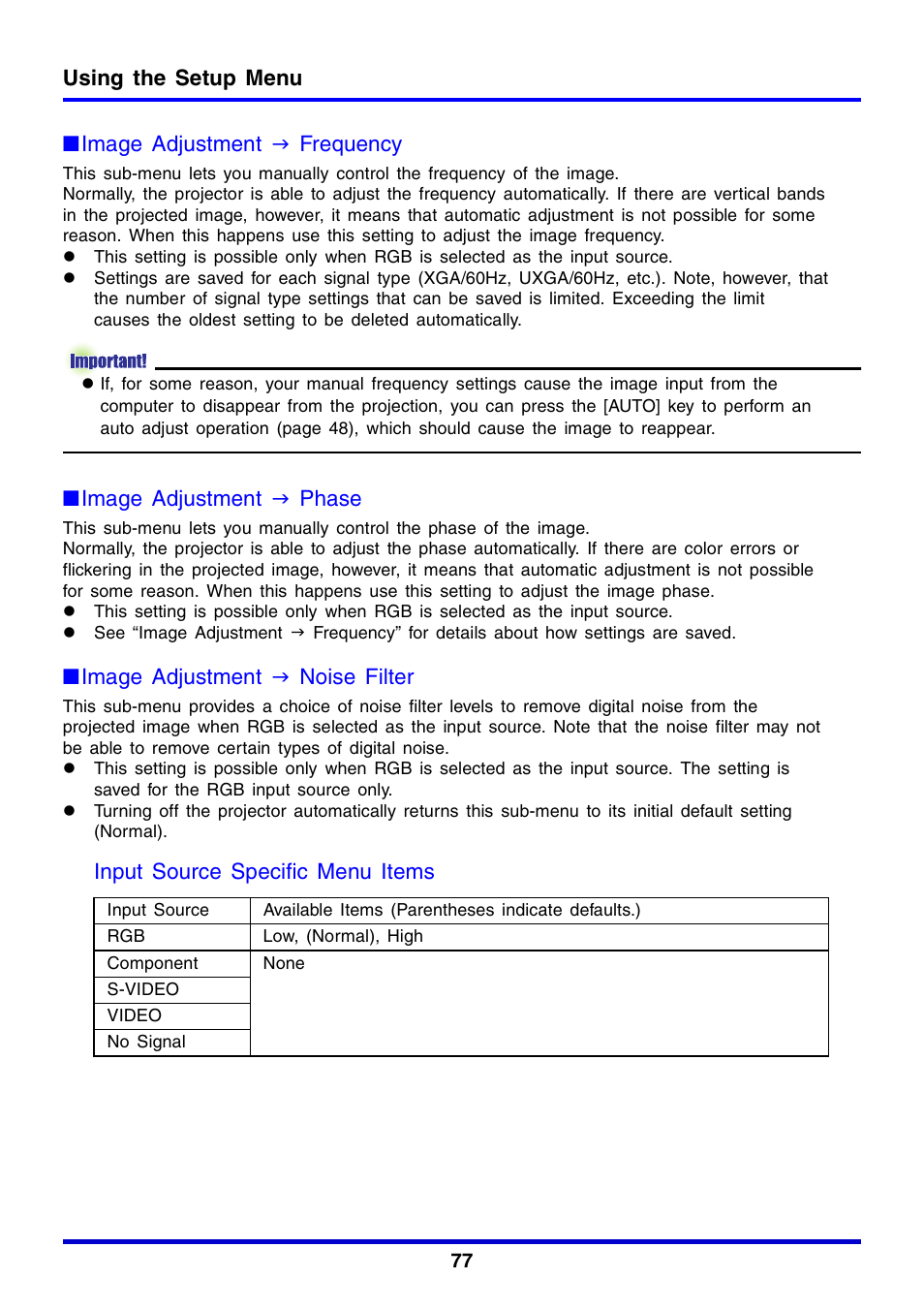 Using the setup menu ■image adjustment j frequency, Image adjustment j phase, Image adjustment j noise filter | Input source specific menu items | Casio XJ-350 User Manual | Page 77 / 120