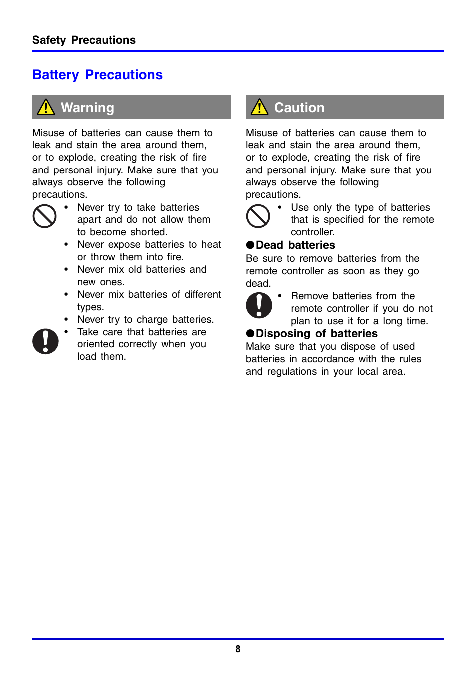 Battery precautions, Warning caution | Casio XJ-350 User Manual | Page 8 / 120