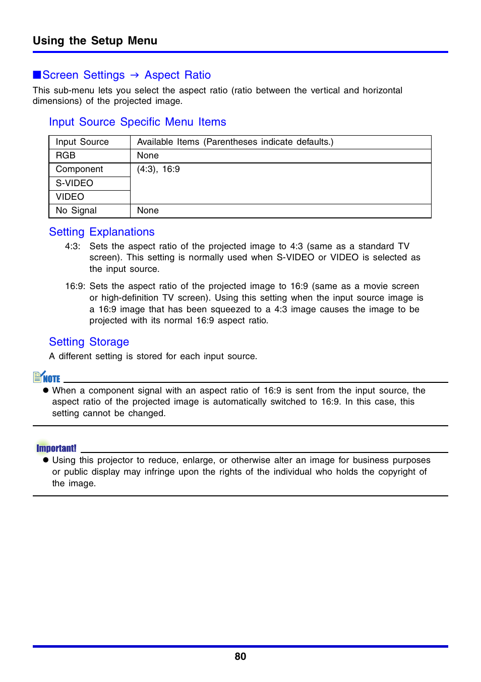 Using the setup menu, Screen settings j aspect ratio, Setting storage | Casio XJ-350 User Manual | Page 80 / 120