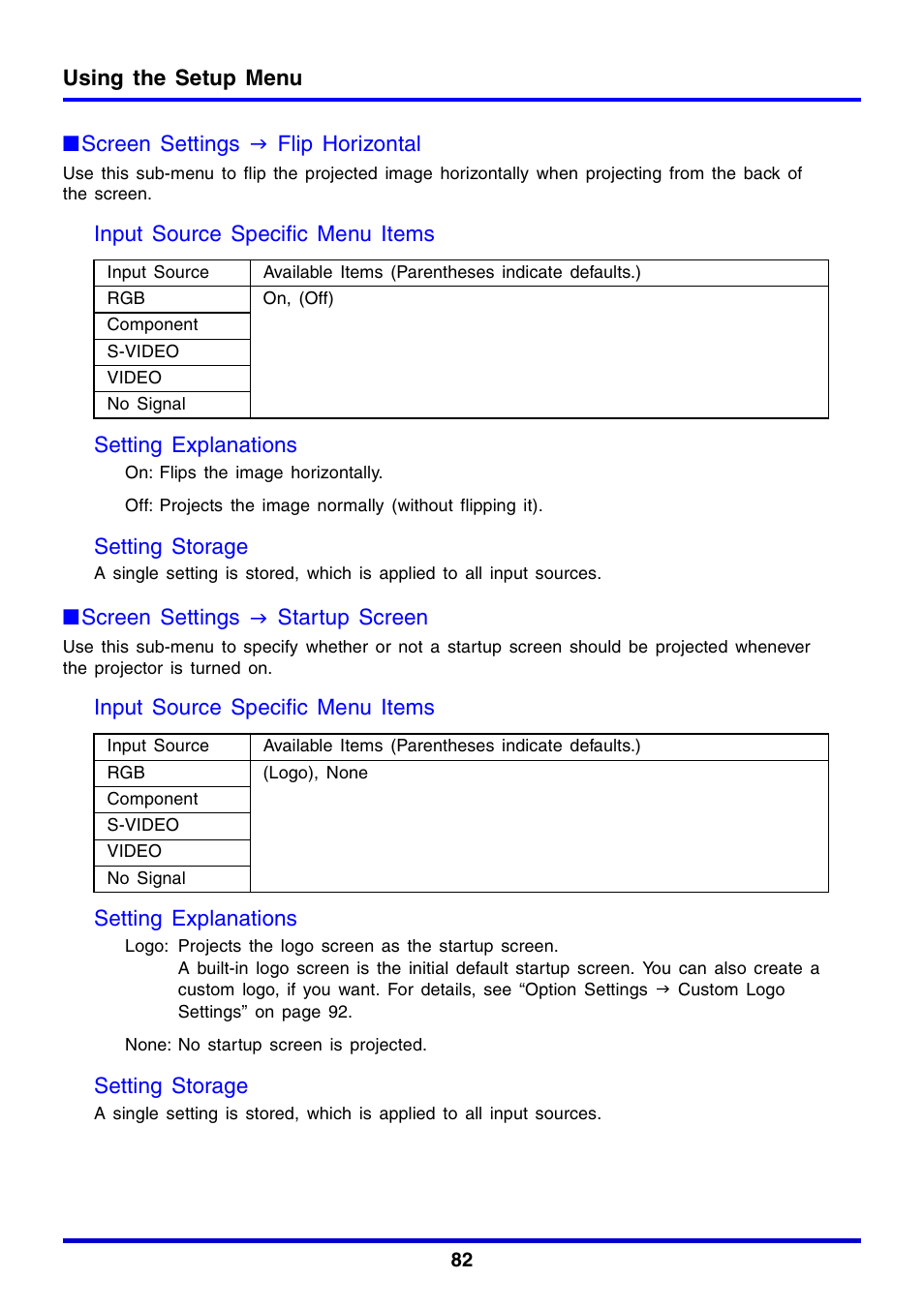 Using the setup menu, Screen settings j flip horizontal, Setting storage | Screen settings j startup screen | Casio XJ-350 User Manual | Page 82 / 120