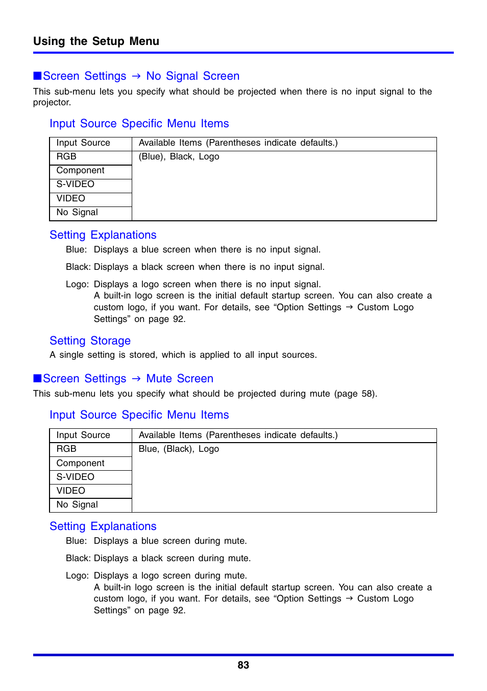 Setting storage, Screen settings j mute screen | Casio XJ-350 User Manual | Page 83 / 120